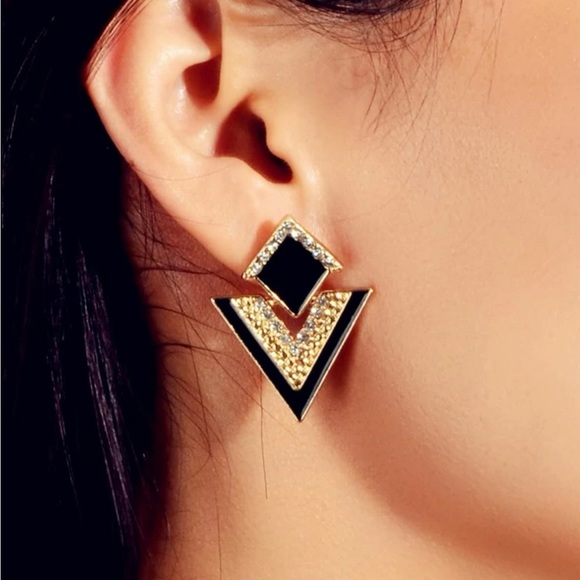 Jewelry - GOLD Black Rhinestone Triangle Stud Earrings